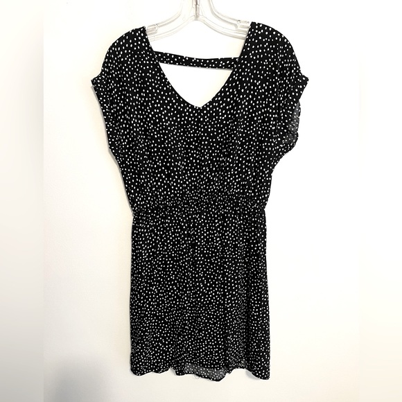 Pink Rose Black Mini Dress with White Polka Dots. Cap Sleeves, Elastic Waist Med - Picture 1 of 7